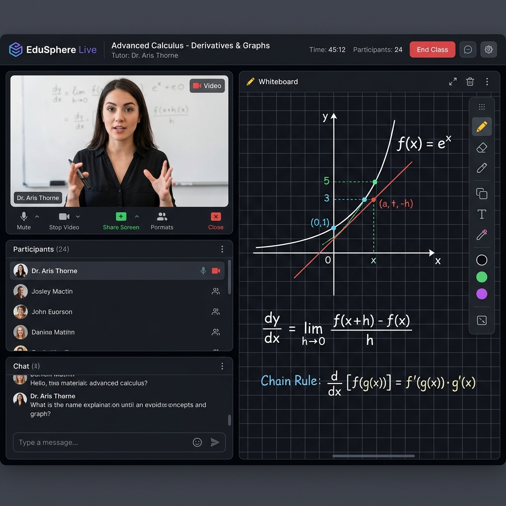Tutee student dashboard showing live math lecture video feed, formulas, and digital whiteboard interface